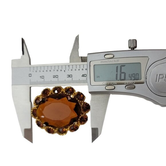 Gold Tone Rhinestone Flower Faceted Topaz Glass Trombone Clasp Cameo Brooch M755 - Picture 6 of 8